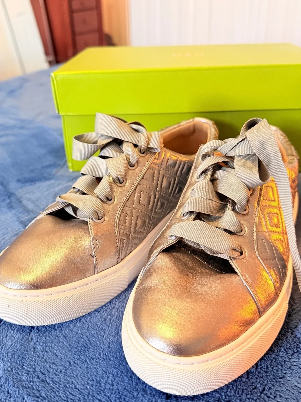Tory Burch Metallic Silver Quilted Lace-Up Sneakers